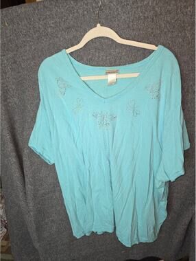 Fashion Bug Light Blue V-Neck Shirt with Rhinestone Butterfly and Flower Accents